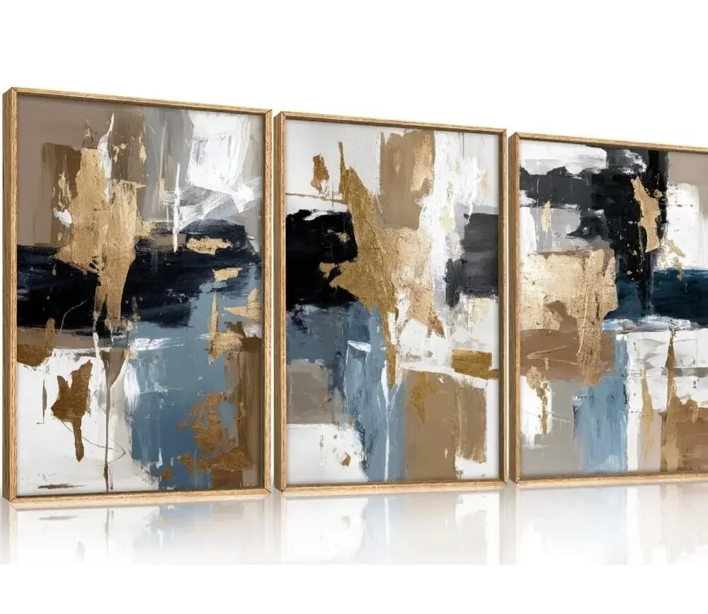 Navy Blue Gold Abstract Framed Canvas Wall Art Set 16x24 Triptych Decor. New OB